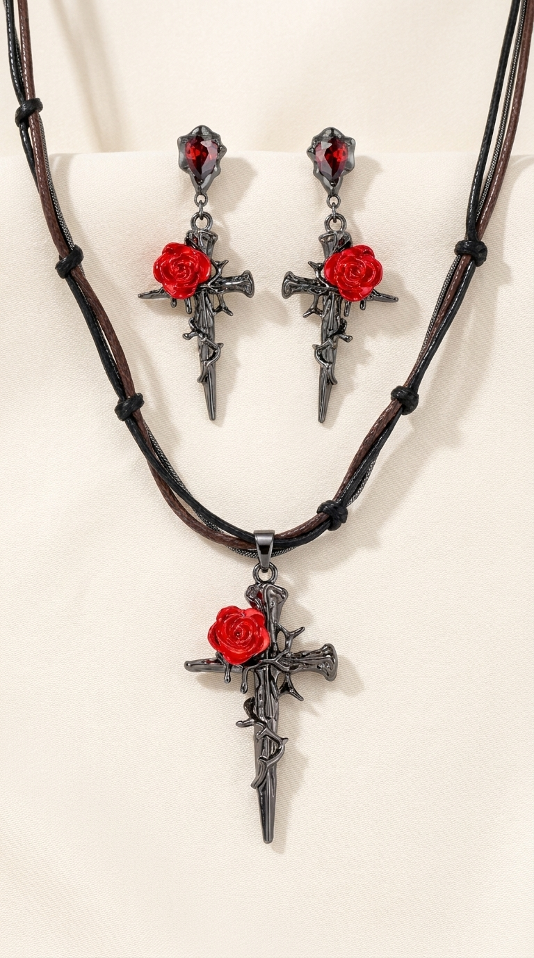 Thorn & Rose Cross Jewellery Set – Necklace & Earrings