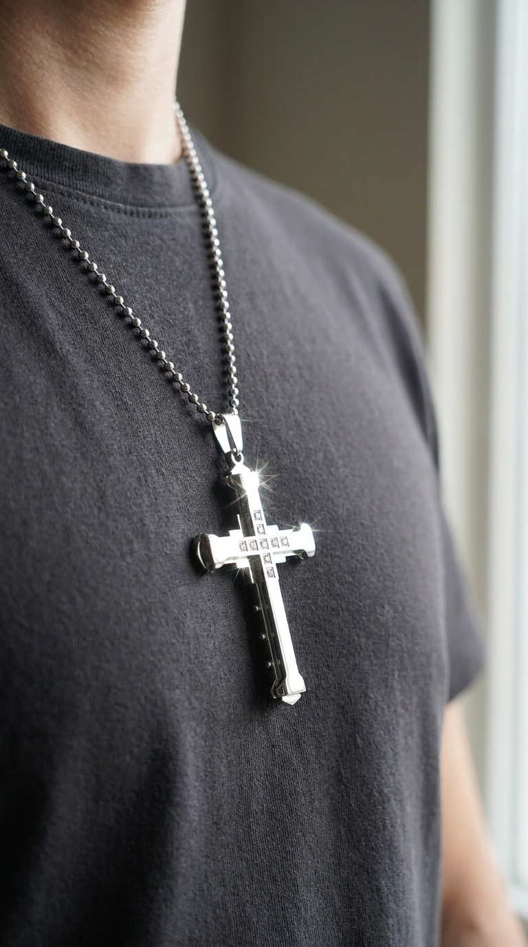 Layered Cross Necklace – Stainless Steel with CZ Stones