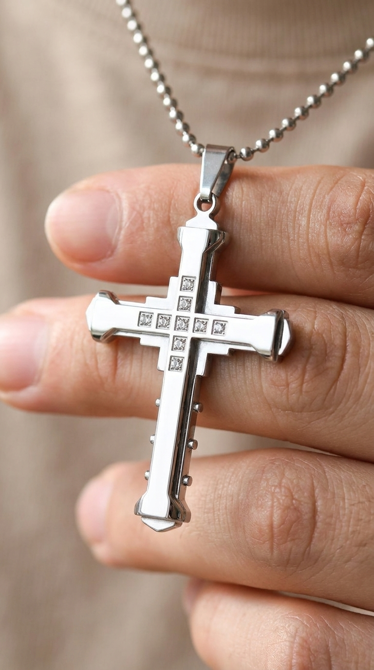 Layered Cross Necklace – Stainless Steel with CZ Stones