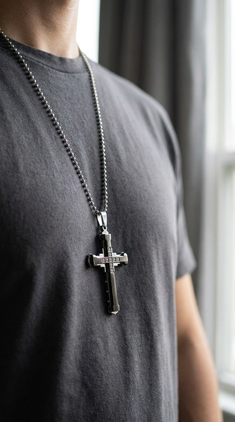 Layered Cross Necklace – Stainless Steel with CZ Stones