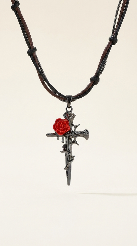 Thorn & Rose Cross Necklace – A Bold Symbol of Faith