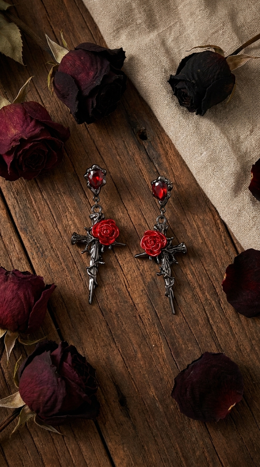 Thorn & Rose Cross Earrings – Faith with Bold Elegance