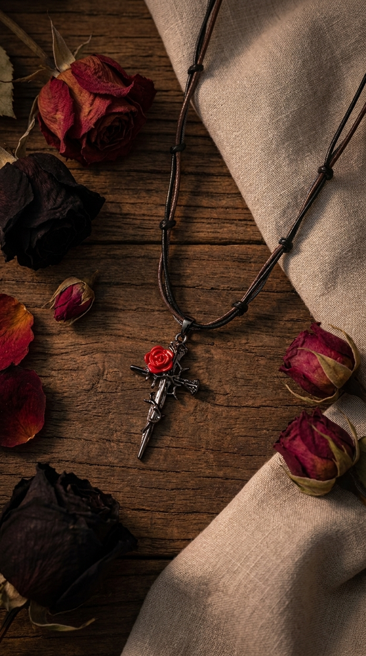 Thorn & Rose Cross Necklace – A Bold Symbol of Faith