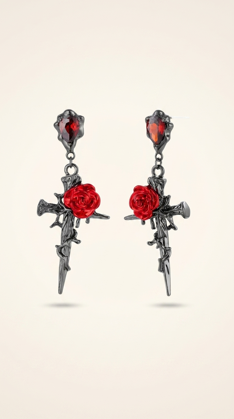 Thorn & Rose Cross Earrings – Faith with Bold Elegance