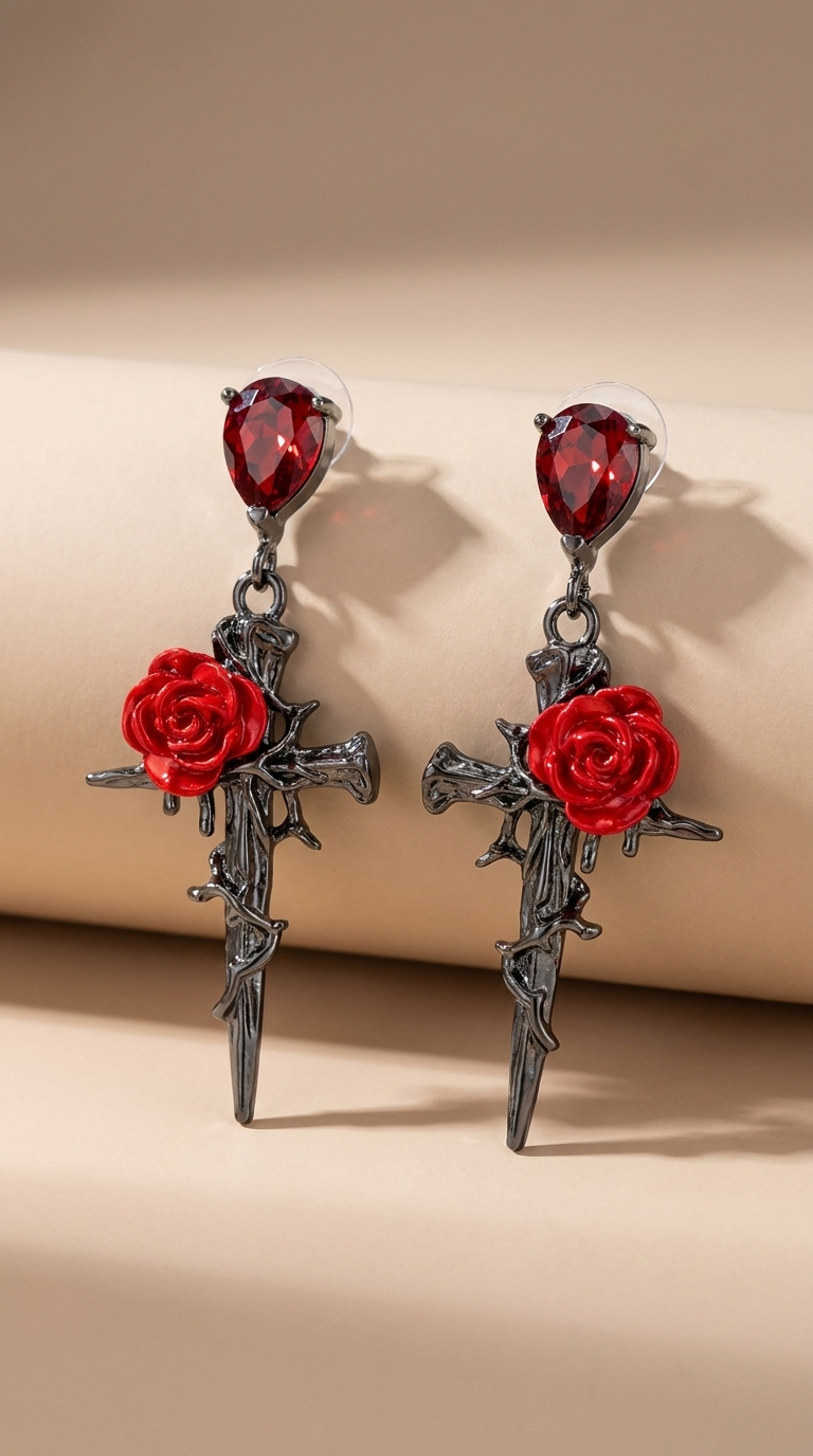 Thorn & Rose Cross Jewellery Set – Necklace & Earrings