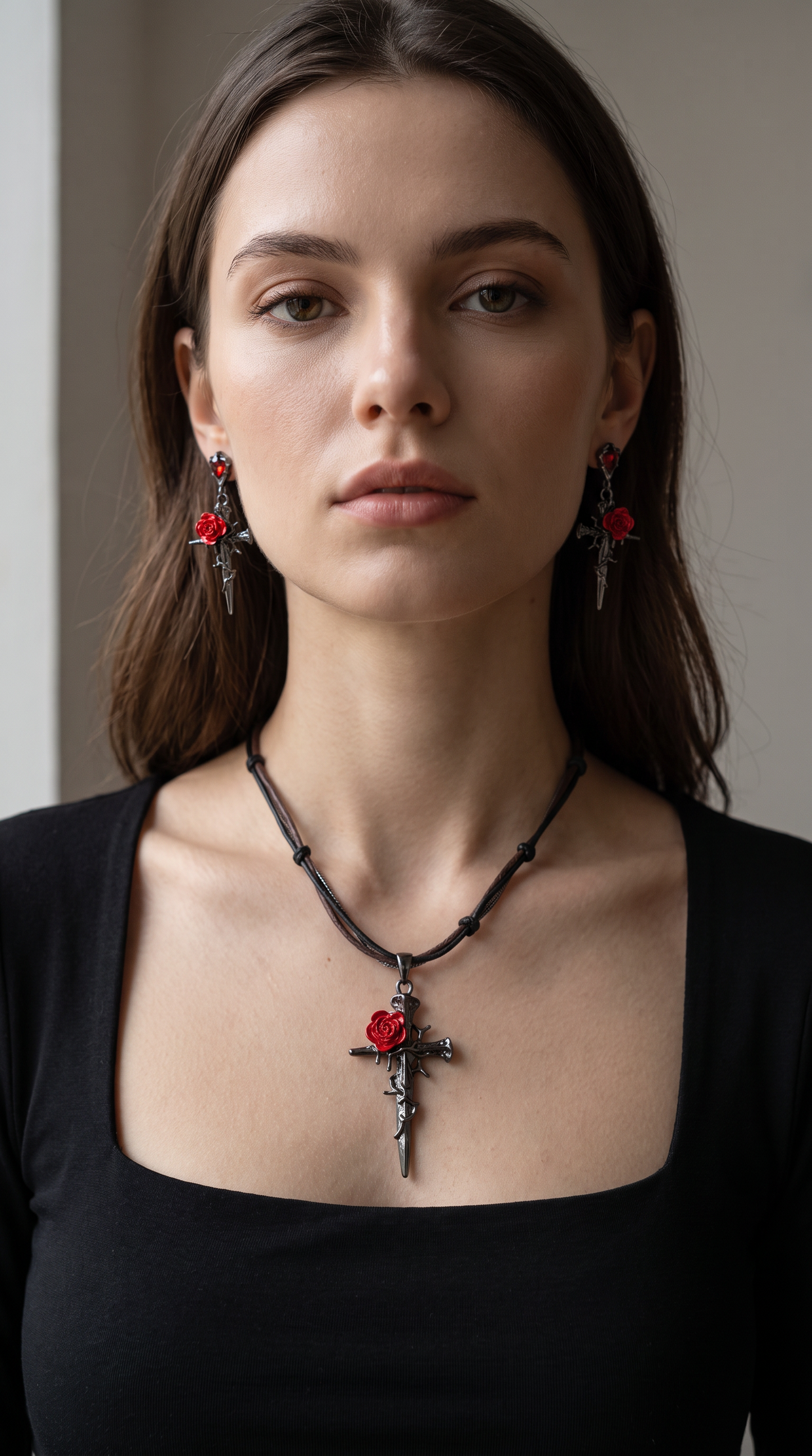 Thorn & Rose Cross Jewellery Set – Necklace & Earrings