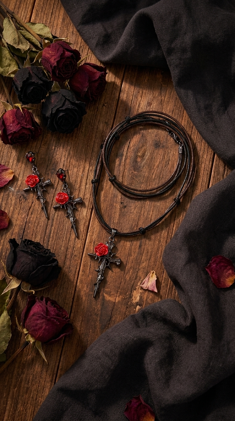 Thorn & Rose Cross Jewellery Set – Necklace & Earrings
