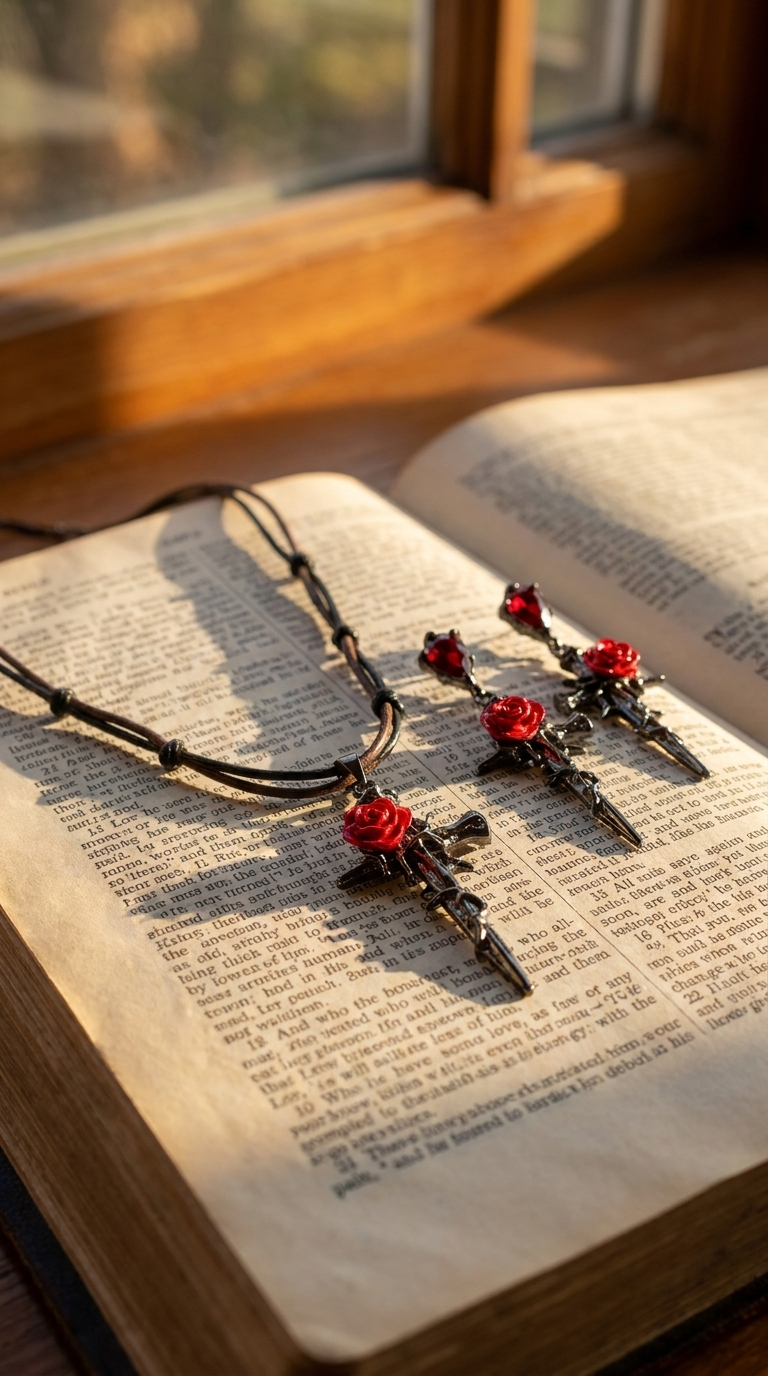 Thorn & Rose Cross Jewellery Set – Necklace & Earrings