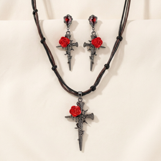 Thorn & Rose Cross Jewellery Set – Necklace & Earrings